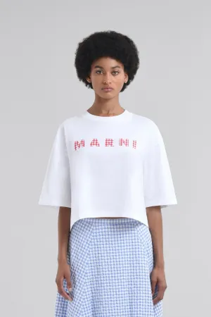 White jersey cotton T-shirt with checked Marni logo
