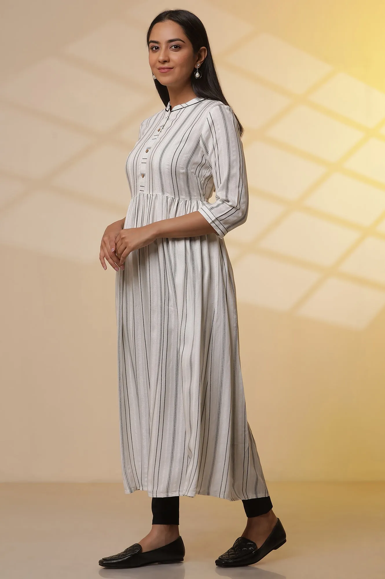 White Striped Kurta, Slim Pants and Dupatta Set