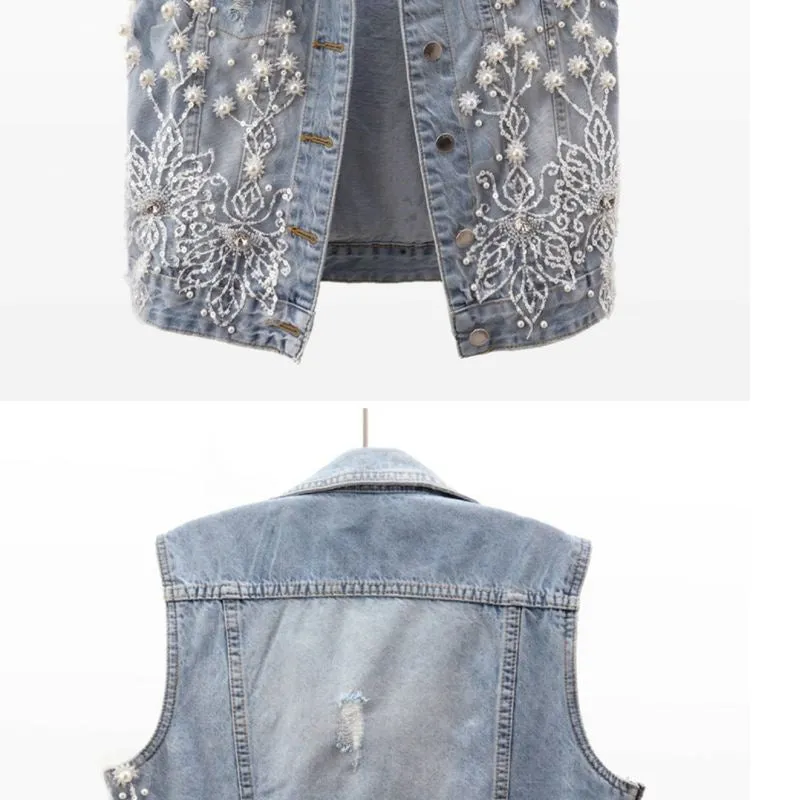 Women Denim Vest Pearls Waistcoats