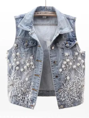 Women Denim Vest Pearls Waistcoats