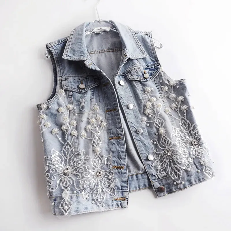 Women Denim Vest Pearls Waistcoats
