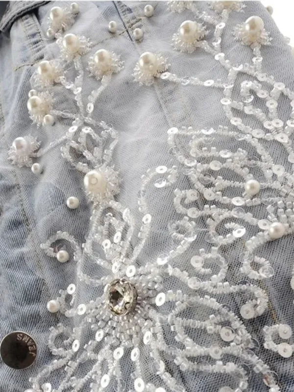 Women Denim Vest Pearls Waistcoats