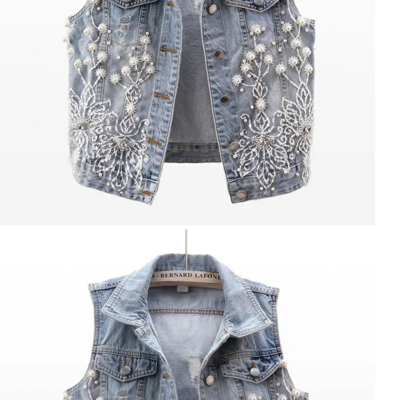 Women Denim Vest Pearls Waistcoats