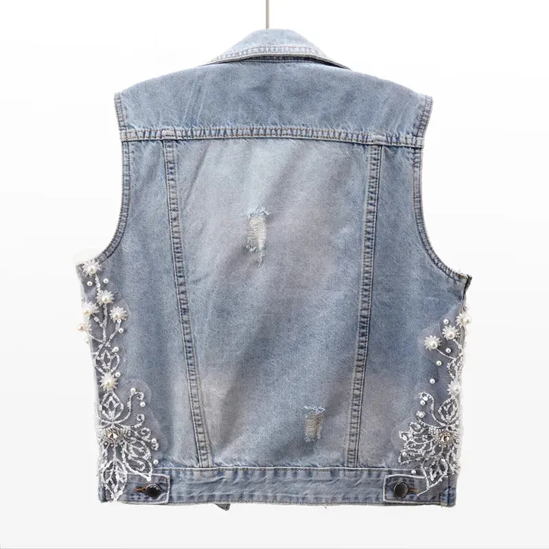 Women Denim Vest Pearls Waistcoats