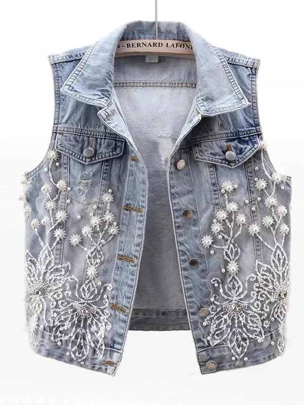 Women Denim Vest Pearls Waistcoats