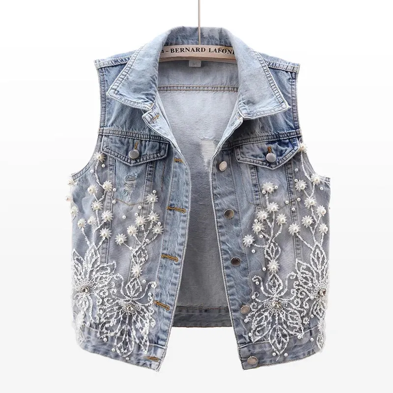 Women Denim Vest Pearls Waistcoats
