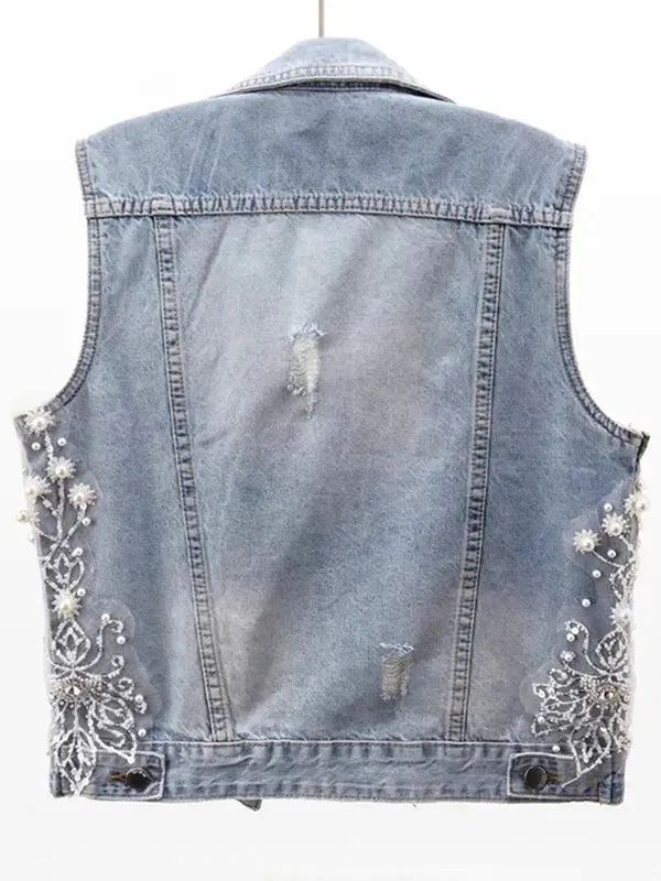 Women Denim Vest Pearls Waistcoats