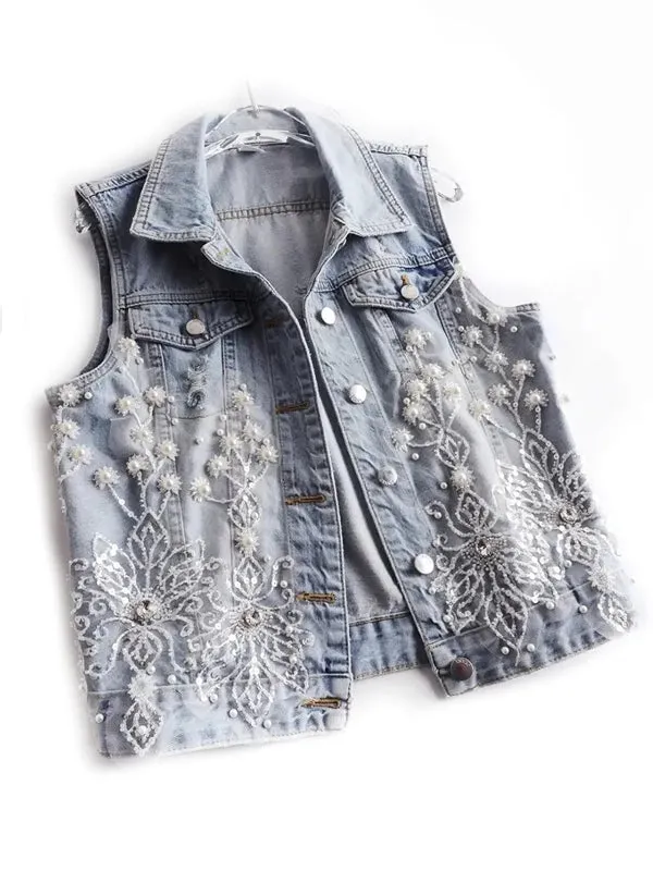 Women Denim Vest Pearls Waistcoats