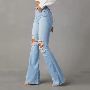 Women Ripped Flared Jeans Mid Waist Wide Leg Bootcut Denim Pants Streetwear Vintage Blue Trousers
