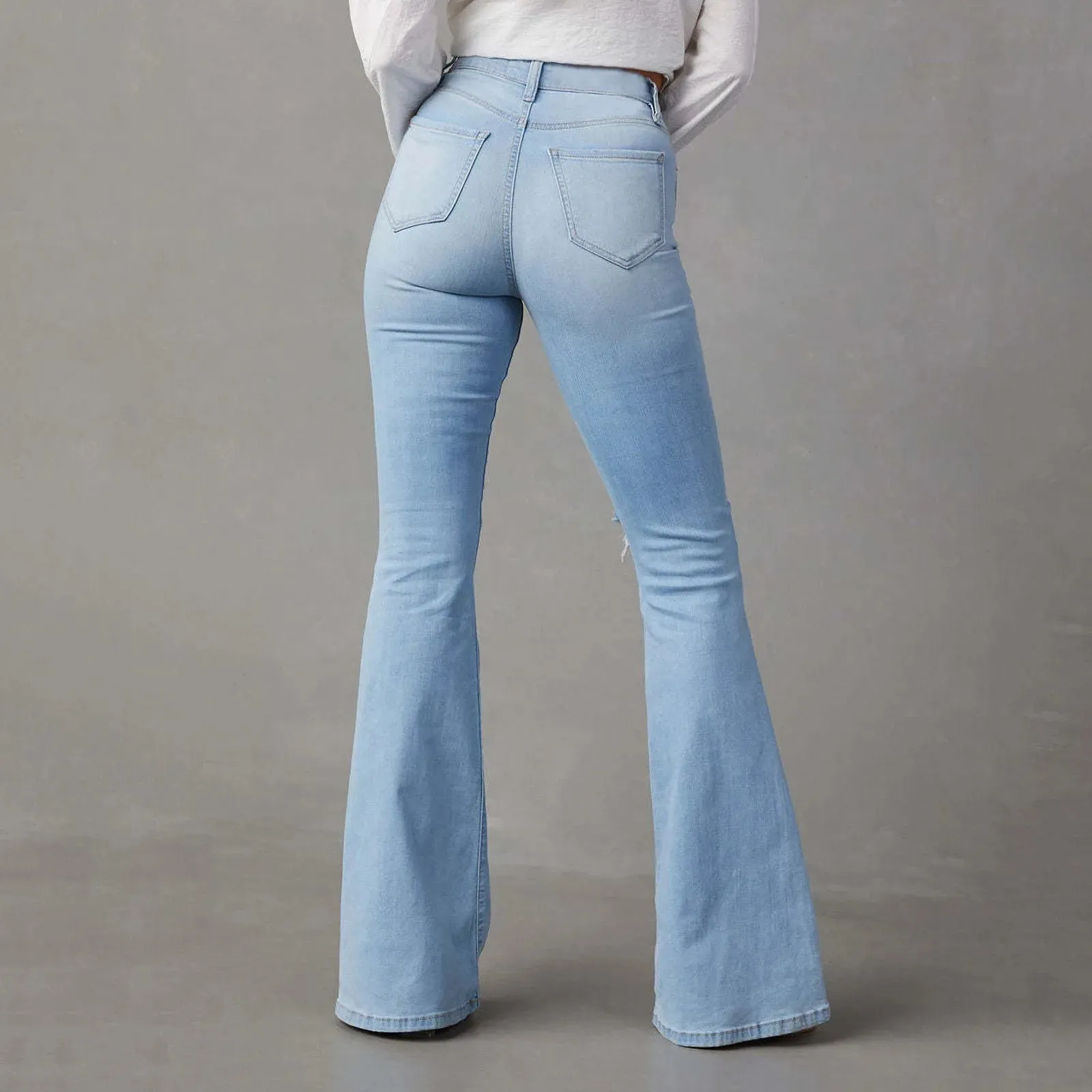Women Ripped Flared Jeans Mid Waist Wide Leg Bootcut Denim Pants Streetwear Vintage Blue Trousers