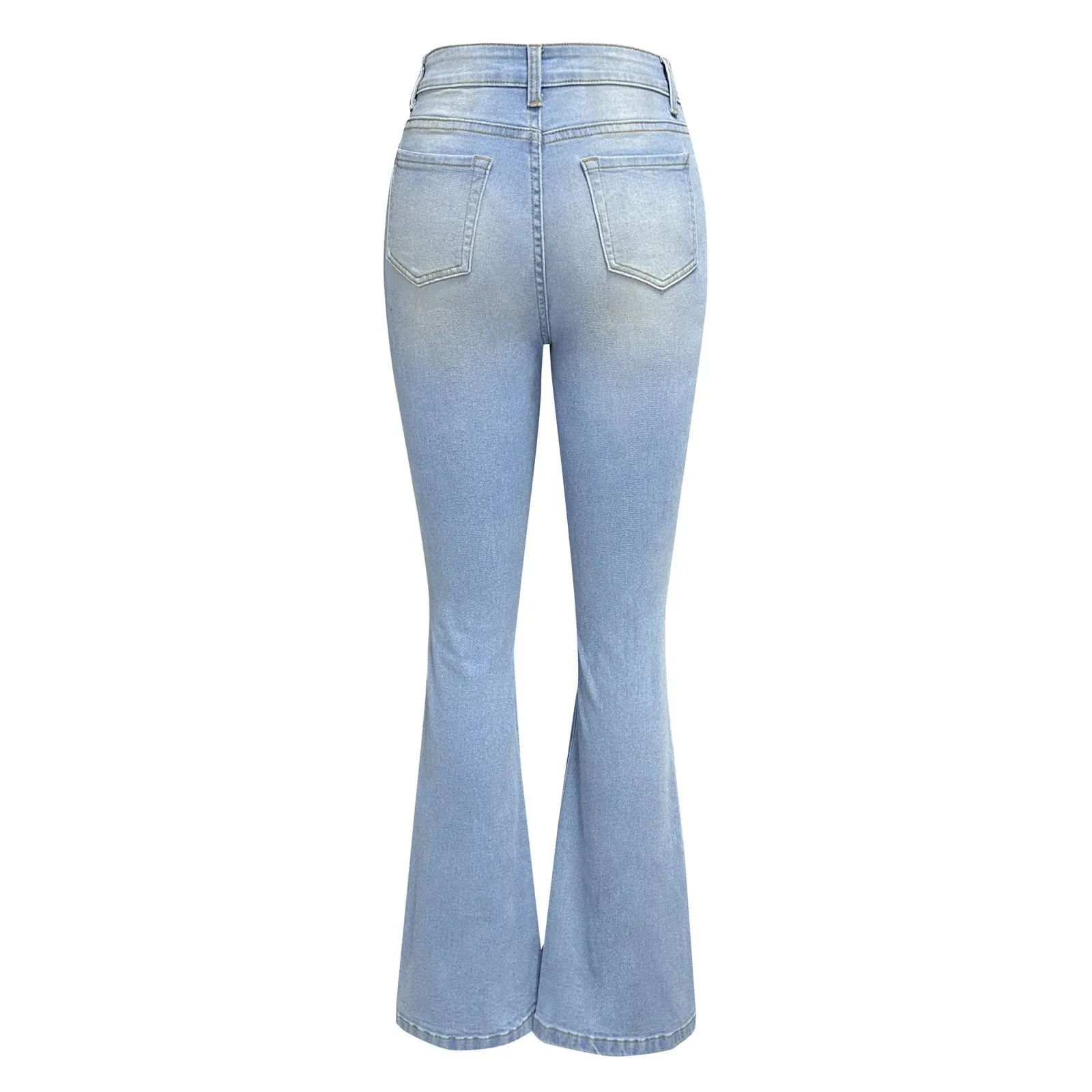 Women Ripped Flared Jeans Mid Waist Wide Leg Bootcut Denim Pants Streetwear Vintage Blue Trousers