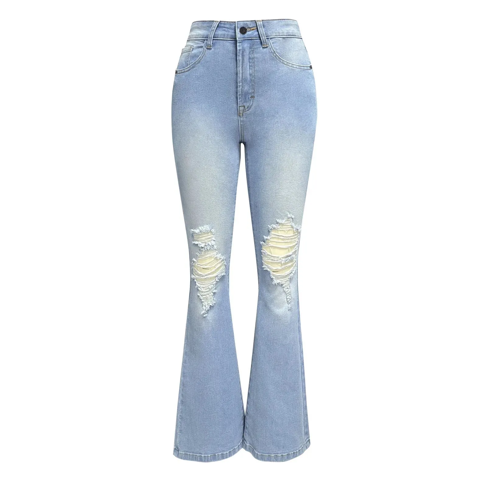 Women Ripped Flared Jeans Mid Waist Wide Leg Bootcut Denim Pants Streetwear Vintage Blue Trousers
