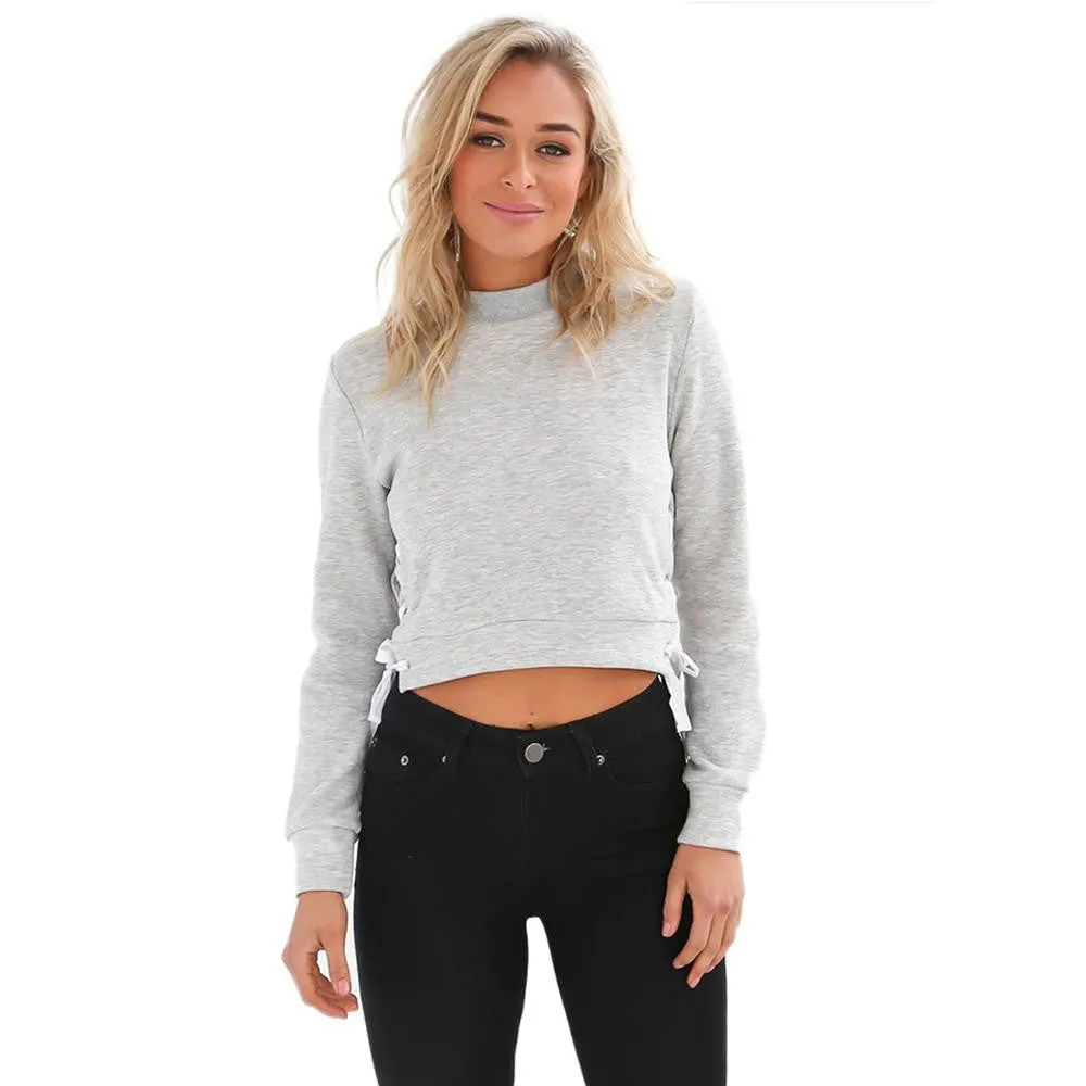 Women Slit Lacing Pullover Jumper Hoody Solid Long Sleeve Crop Top Blouse Sweatshirt Plus Size