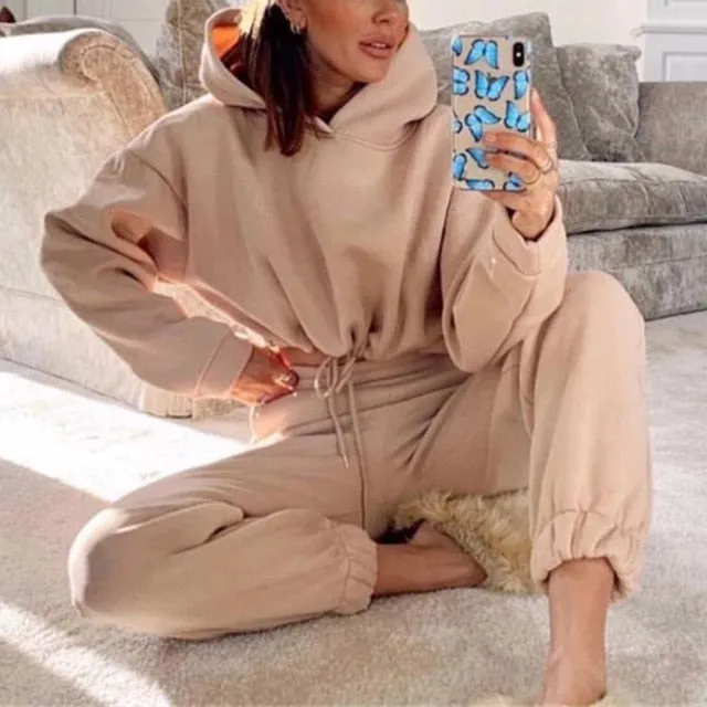 Women Sports 2 Pieces Set Sweatshirts Pullover Hoodies Pants Suit 2020 Home Sweatpants Trousers Outfits Solid Casual Tracksuit