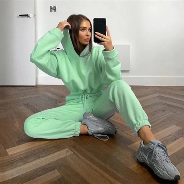 Women Sports 2 Pieces Set Sweatshirts Pullover Hoodies Pants Suit 2020 Home Sweatpants Trousers Outfits Solid Casual Tracksuit