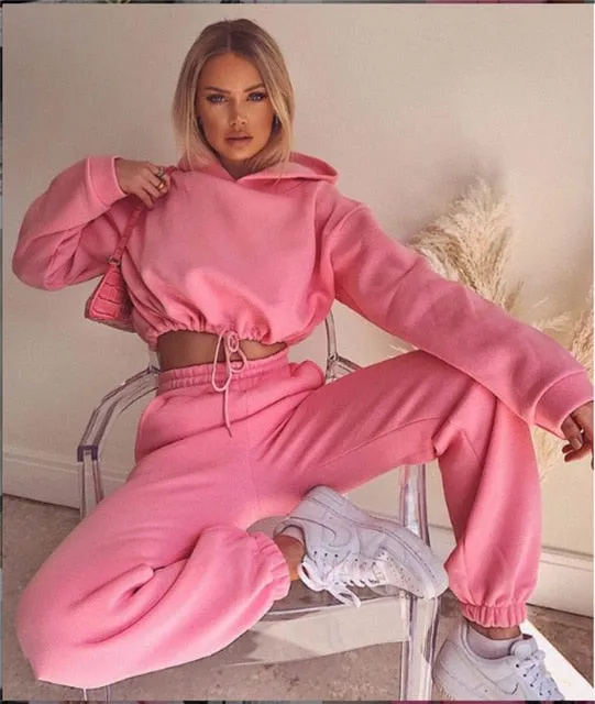 Women Sports 2 Pieces Set Sweatshirts Pullover Hoodies Pants Suit 2020 Home Sweatpants Trousers Outfits Solid Casual Tracksuit