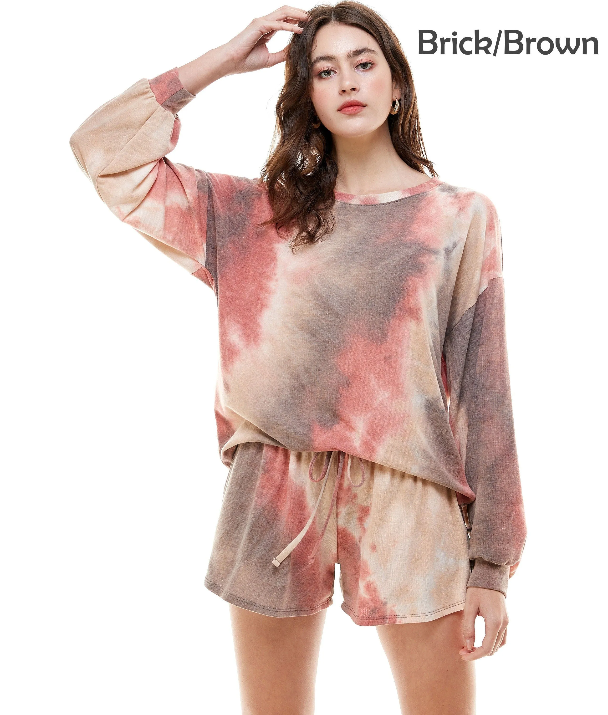Women's Casual Tie dye Color Knit Pullover Tops and Short Pants Pajama Outfits Sets with Pocket Made in USA