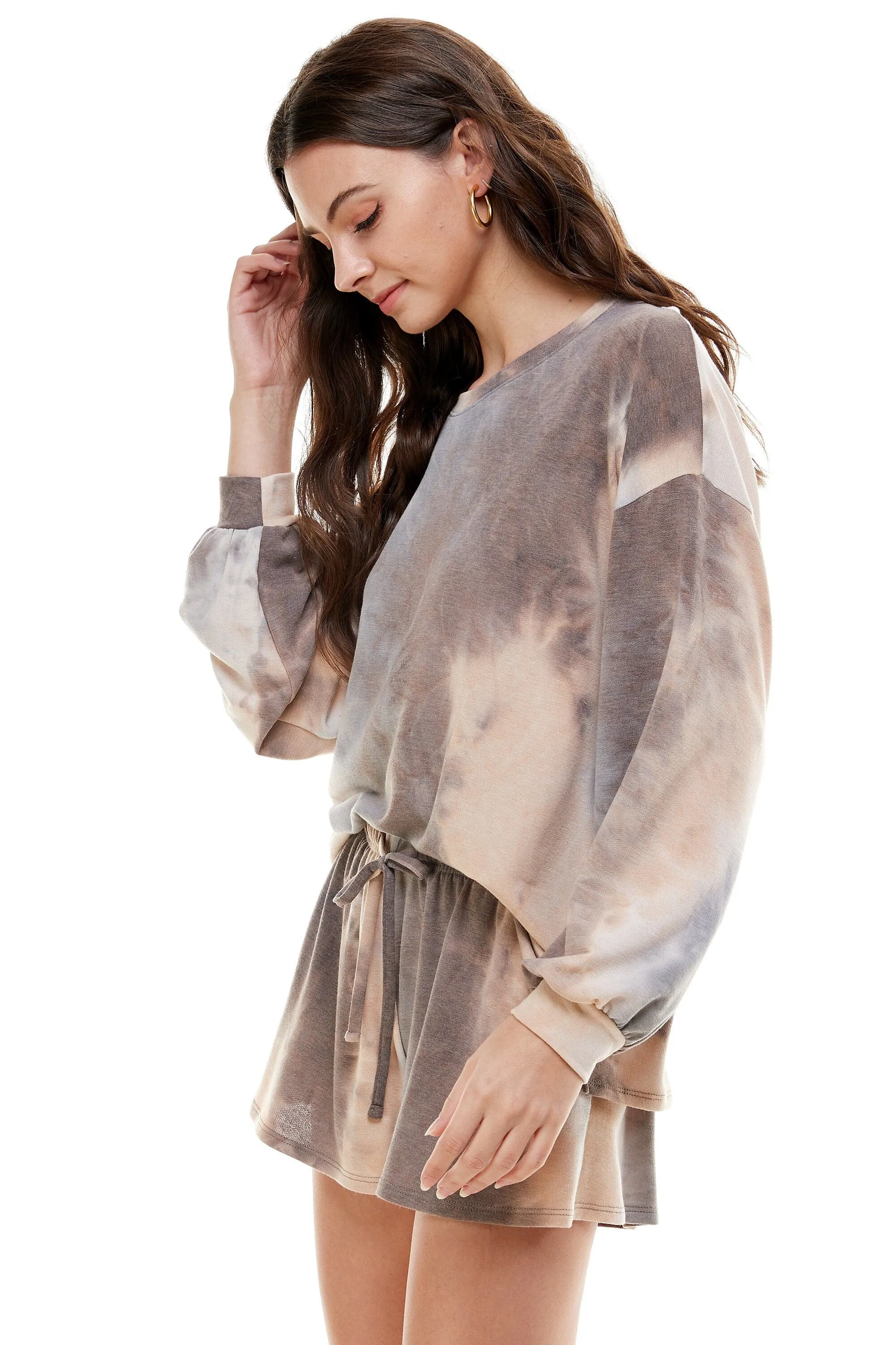 Women's Casual Tie dye Color Knit Pullover Tops and Short Pants Pajama Outfits Sets with Pocket Made in USA