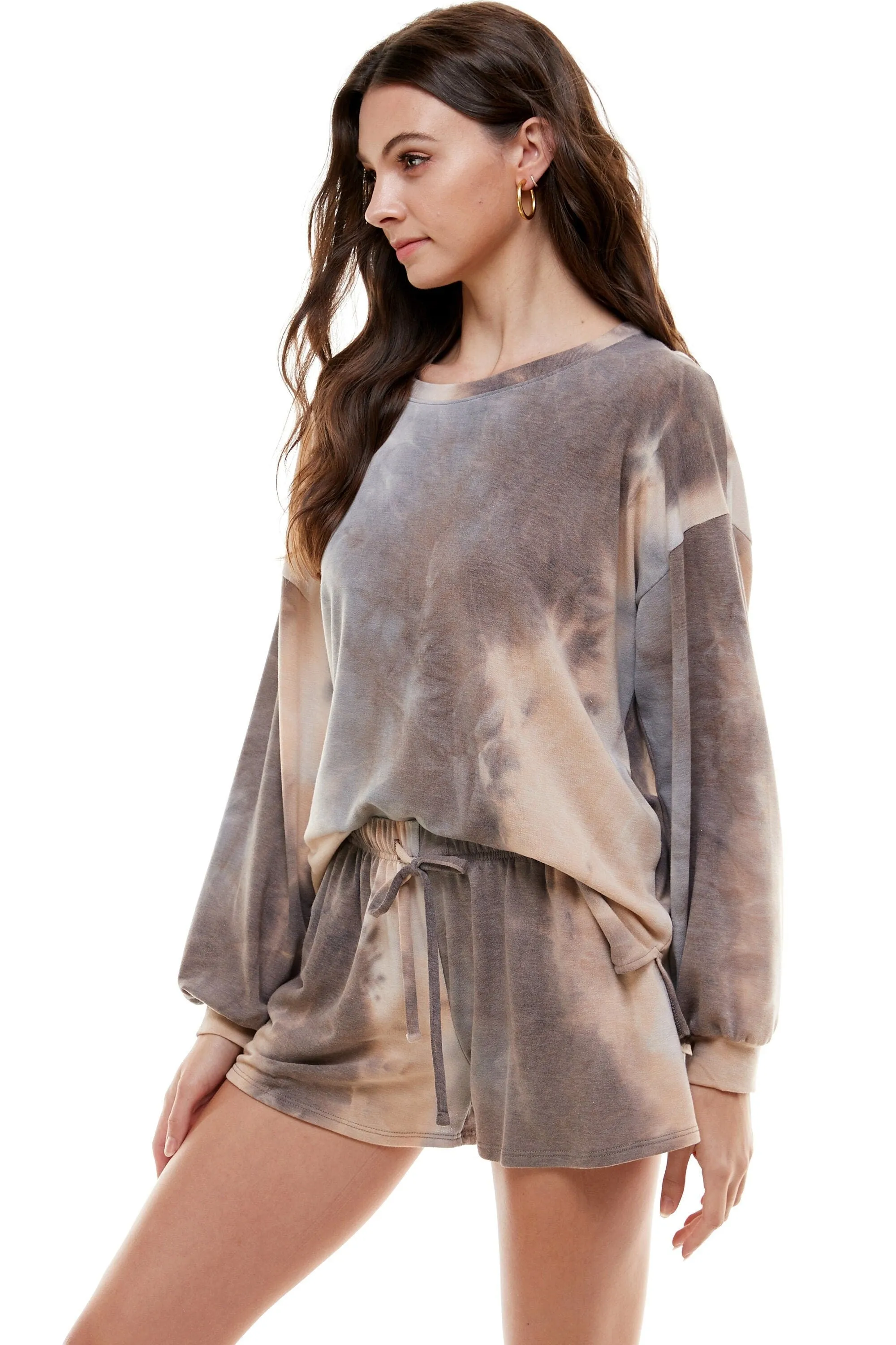 Women's Casual Tie dye Color Knit Pullover Tops and Short Pants Pajama Outfits Sets with Pocket Made in USA