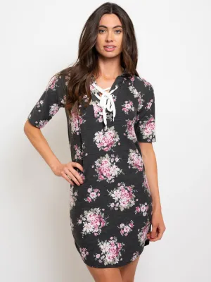 WOMEN'S FLORAL HOODED LACE UP DRESS