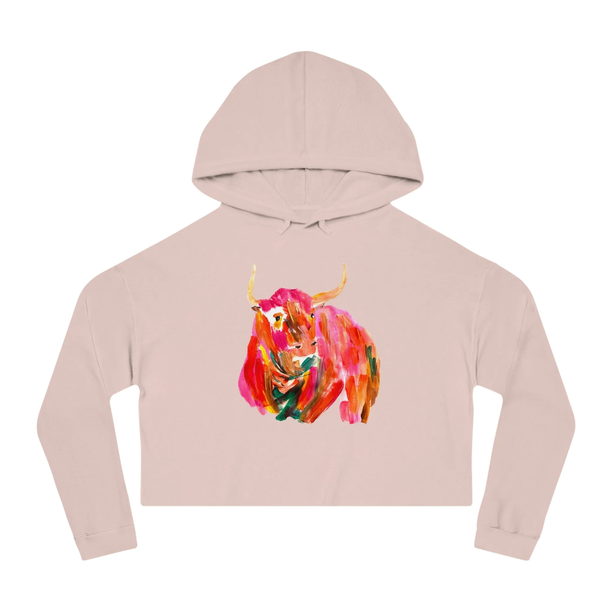 Womens Oversized Cropped Hooded Sweatshirt - Hand Painted Pop Color Bull Horns Sweatshirt by Madness and Clarity