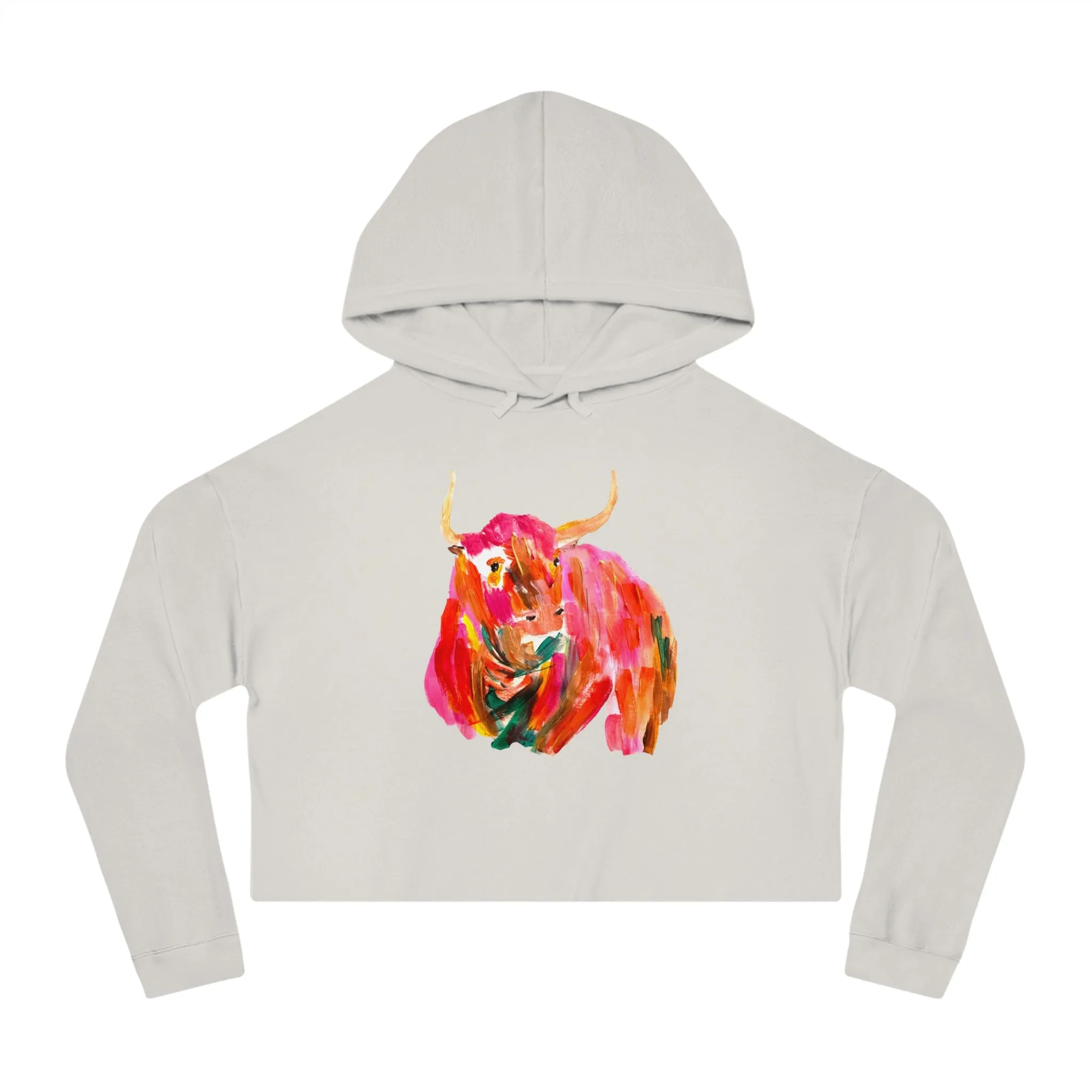 Womens Oversized Cropped Hooded Sweatshirt - Hand Painted Pop Color Bull Horns Sweatshirt by Madness and Clarity