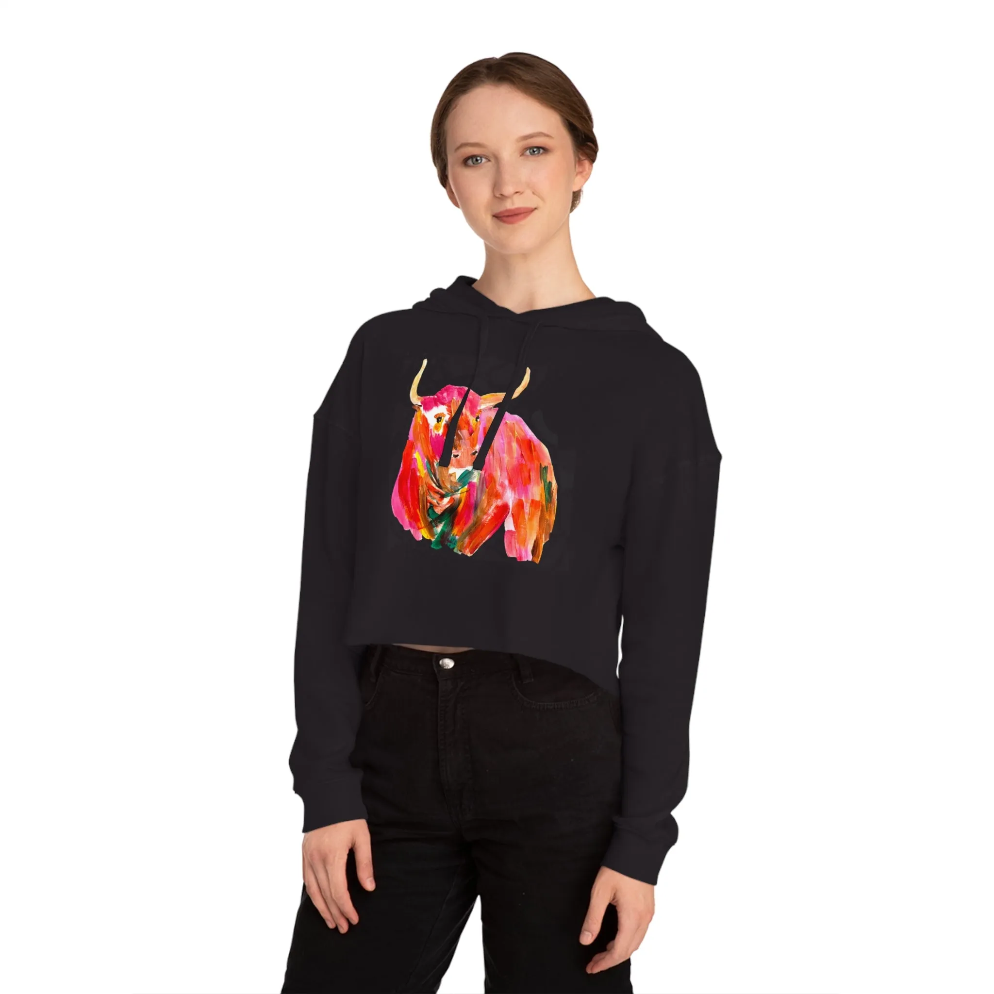 Womens Oversized Cropped Hooded Sweatshirt - Hand Painted Pop Color Bull Horns Sweatshirt by Madness and Clarity