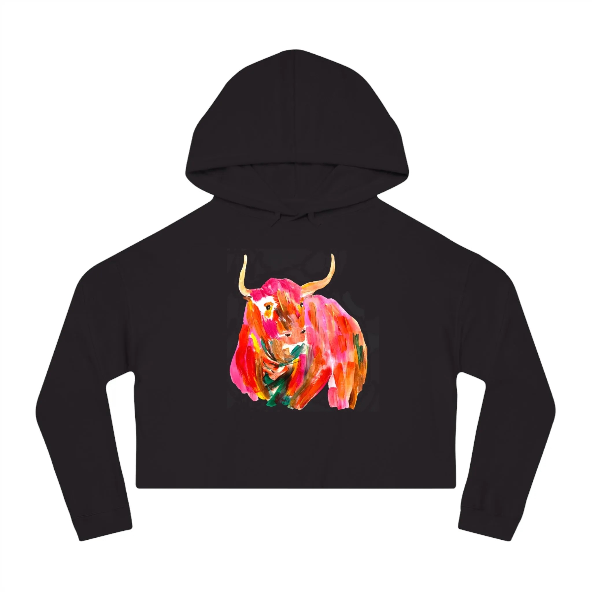 Womens Oversized Cropped Hooded Sweatshirt - Hand Painted Pop Color Bull Horns Sweatshirt by Madness and Clarity