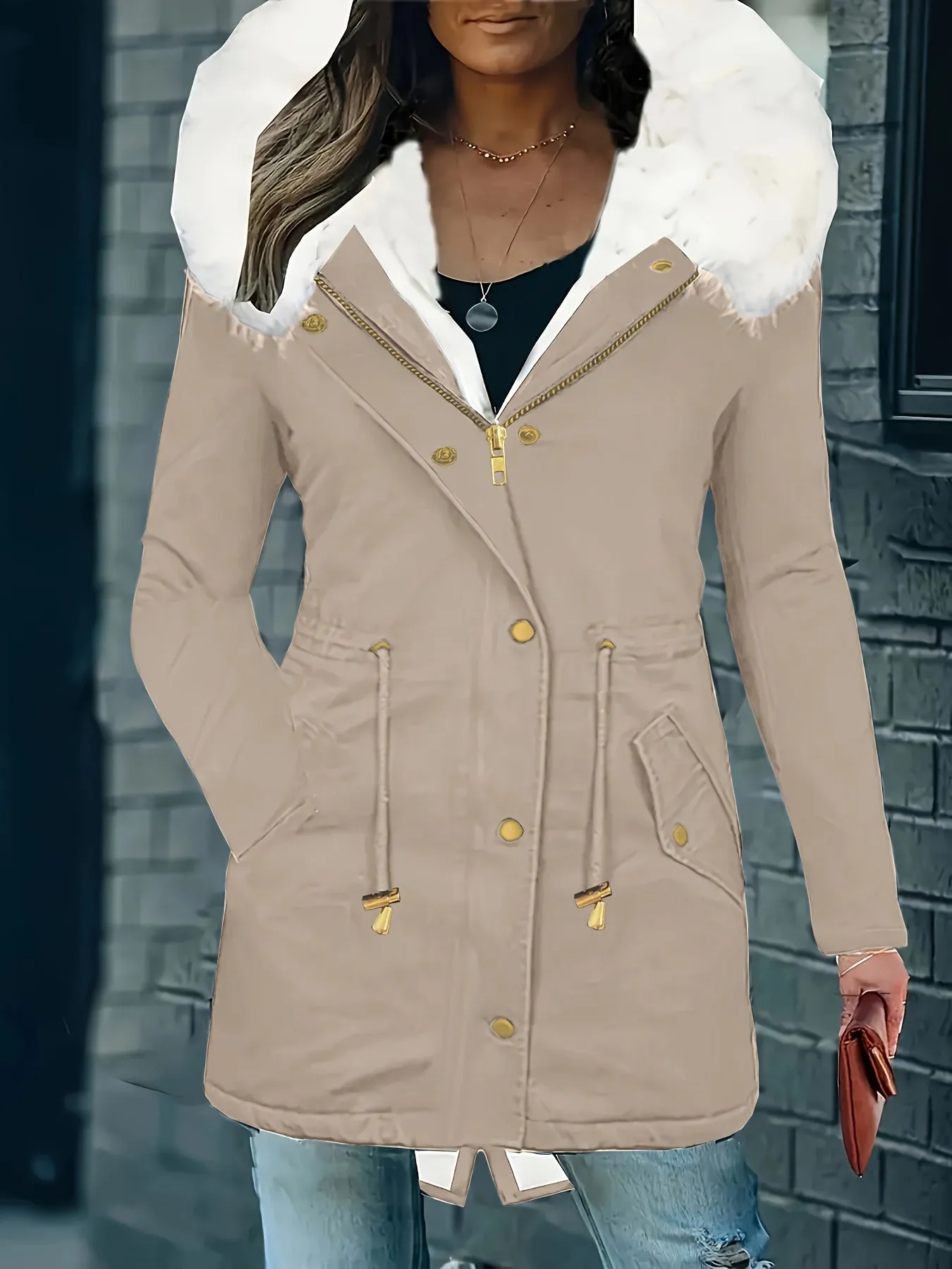 Womens Soft Faux Fur Trim Parka Coat  Stylish Hooded Design