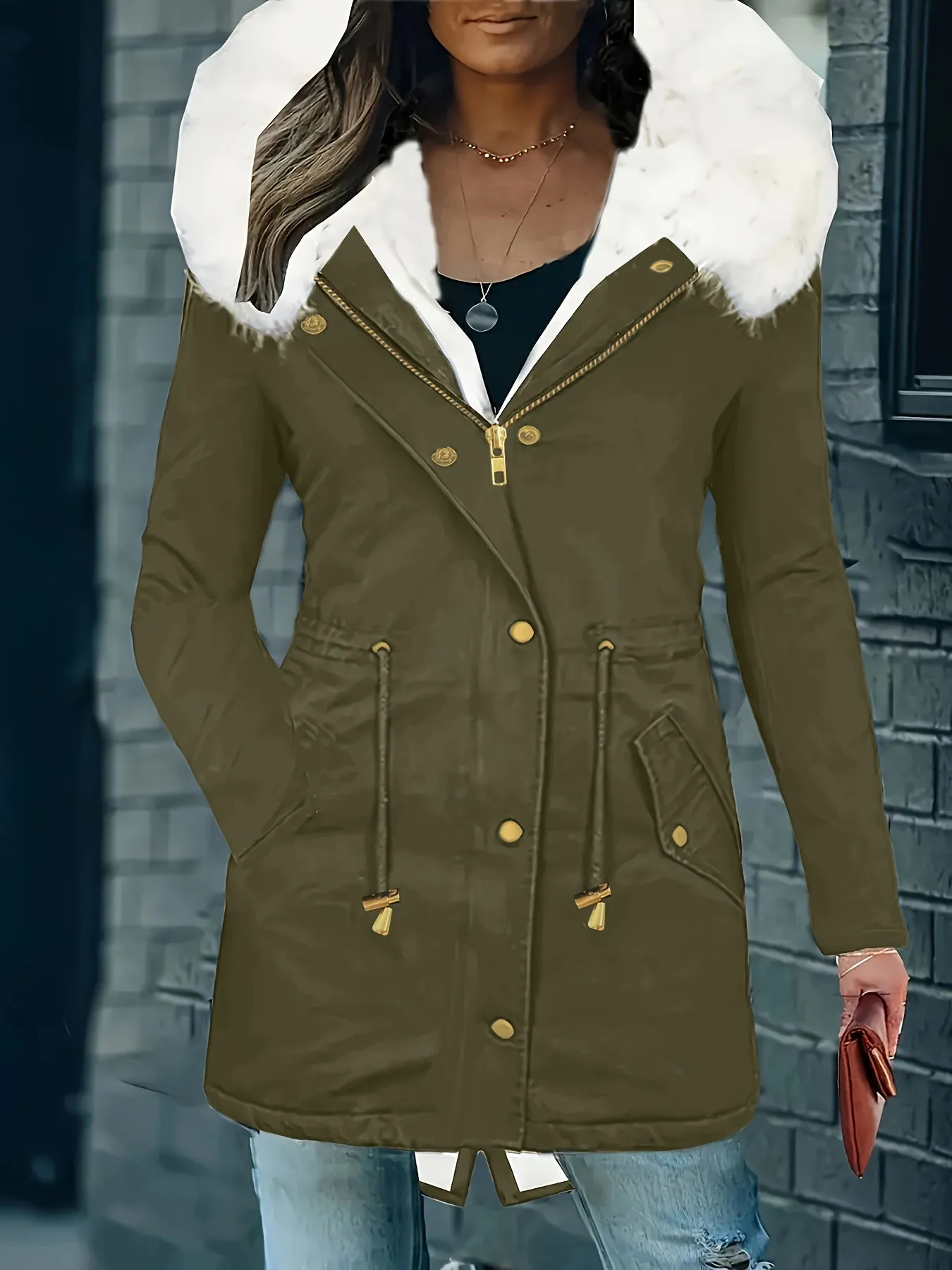 Womens Soft Faux Fur Trim Parka Coat  Stylish Hooded Design