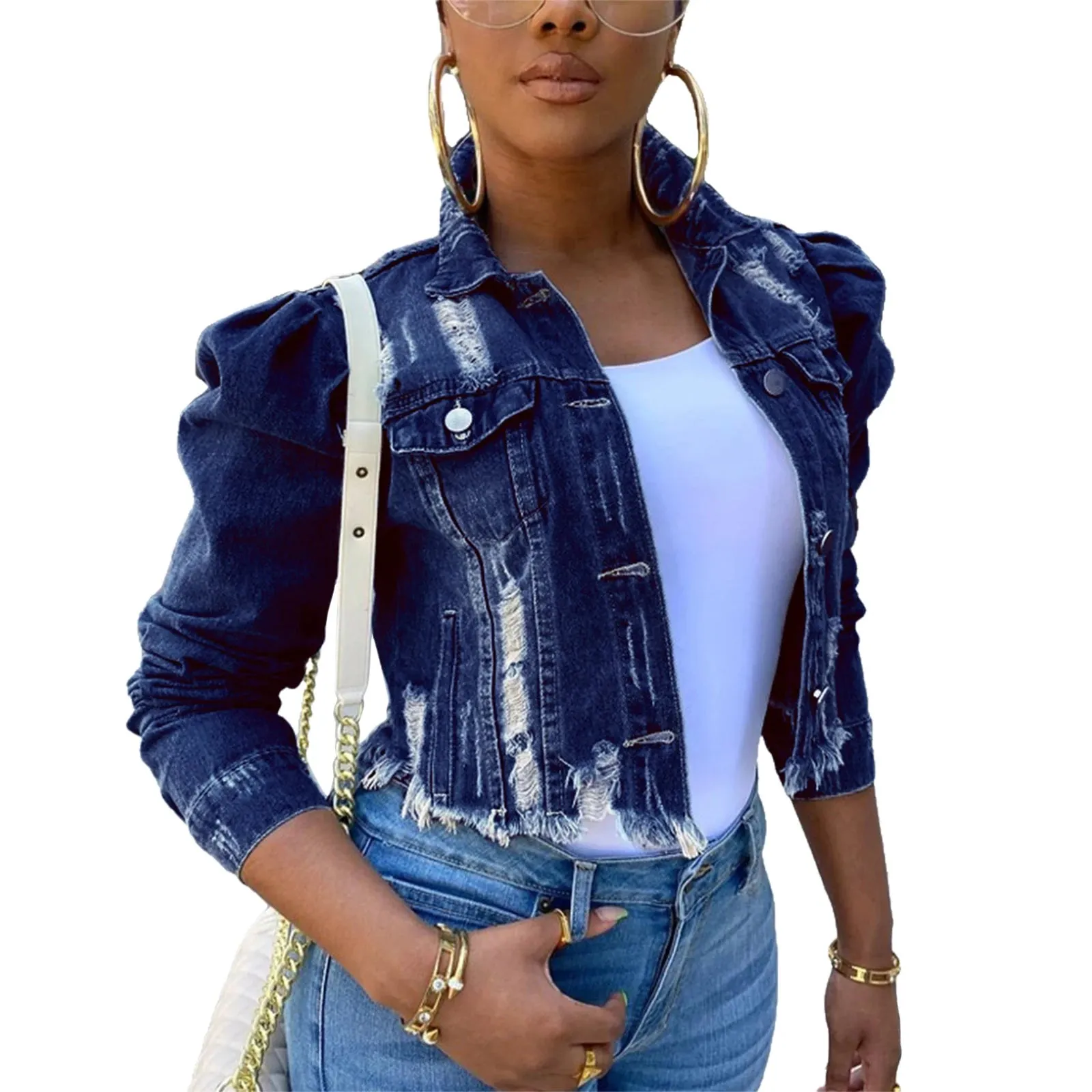 Y2k Women's Ripped Denim Jacket Casual Long Puff Sleeve Button Down Cropped Jean Coats for Fall