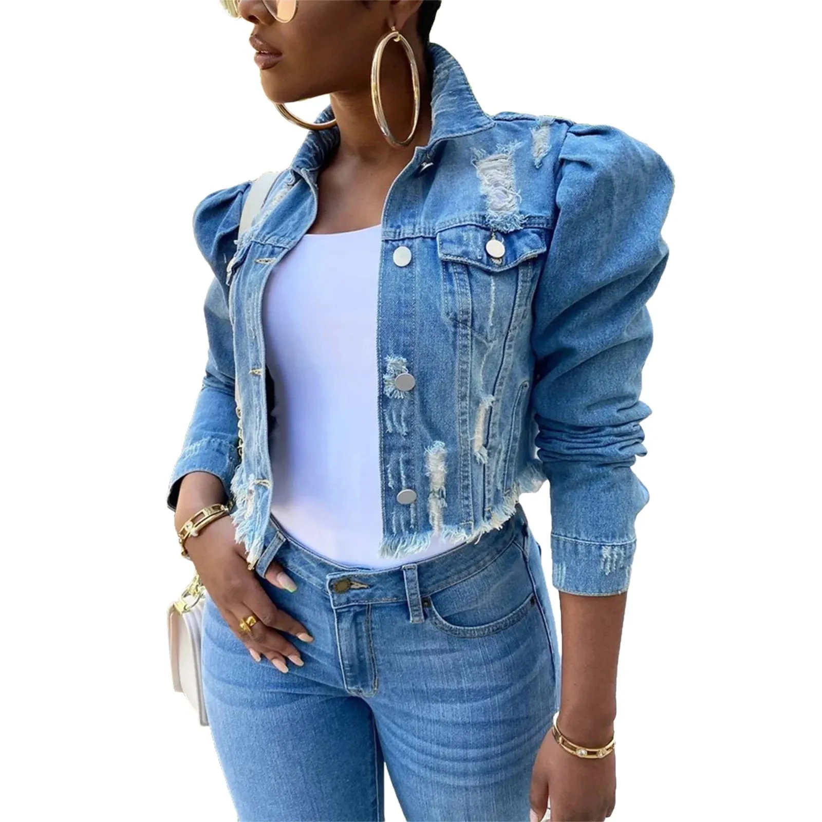 Y2k Women's Ripped Denim Jacket Casual Long Puff Sleeve Button Down Cropped Jean Coats for Fall